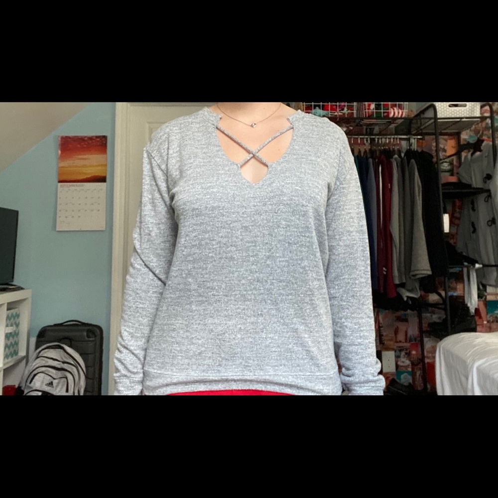 long sleeve grey shirt with cross over chest